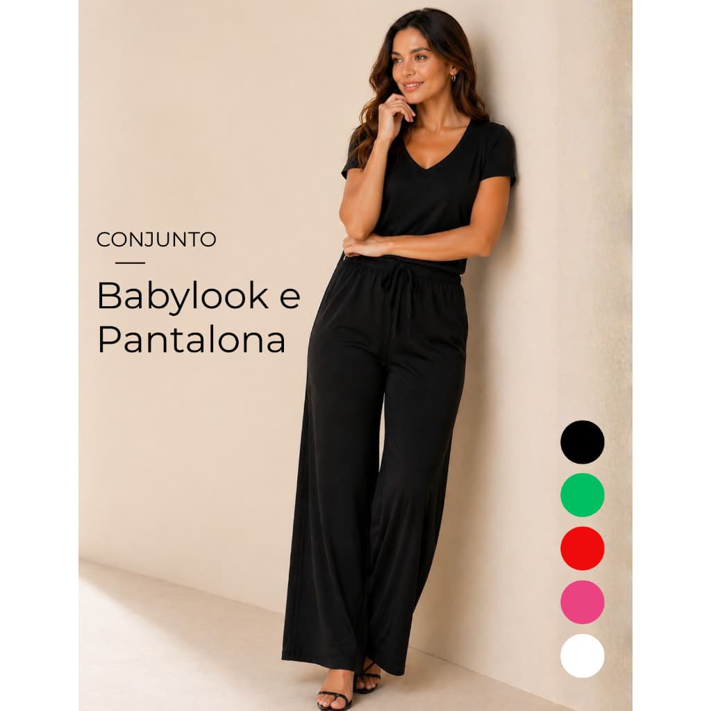 CONJUNTO VISCOLYCRA CALÇA PANTALONA E BLUSA GOLA V BÁSICA / T-SHIRT E PANTALONA