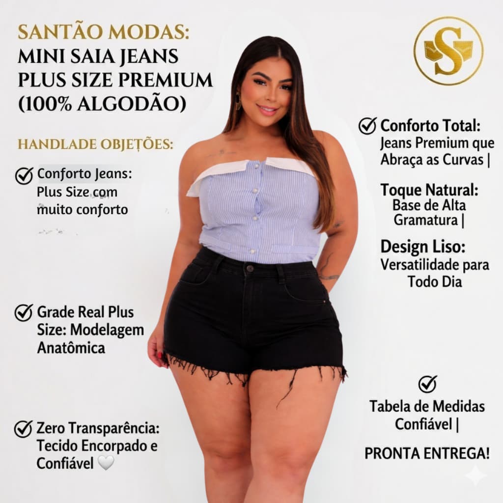 Short Jeans Plus Size Feminino Cintura Alta Barra Desfiada 100% Algodão Premium 46 ao 54 Preto