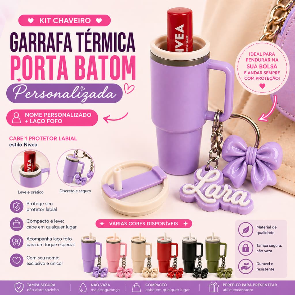 Kit Chaveiro Porta Batom Garrafa Térmica Personalizado Nome com Laço Porta Protetor Labial Mini Porta Objetos | Presente