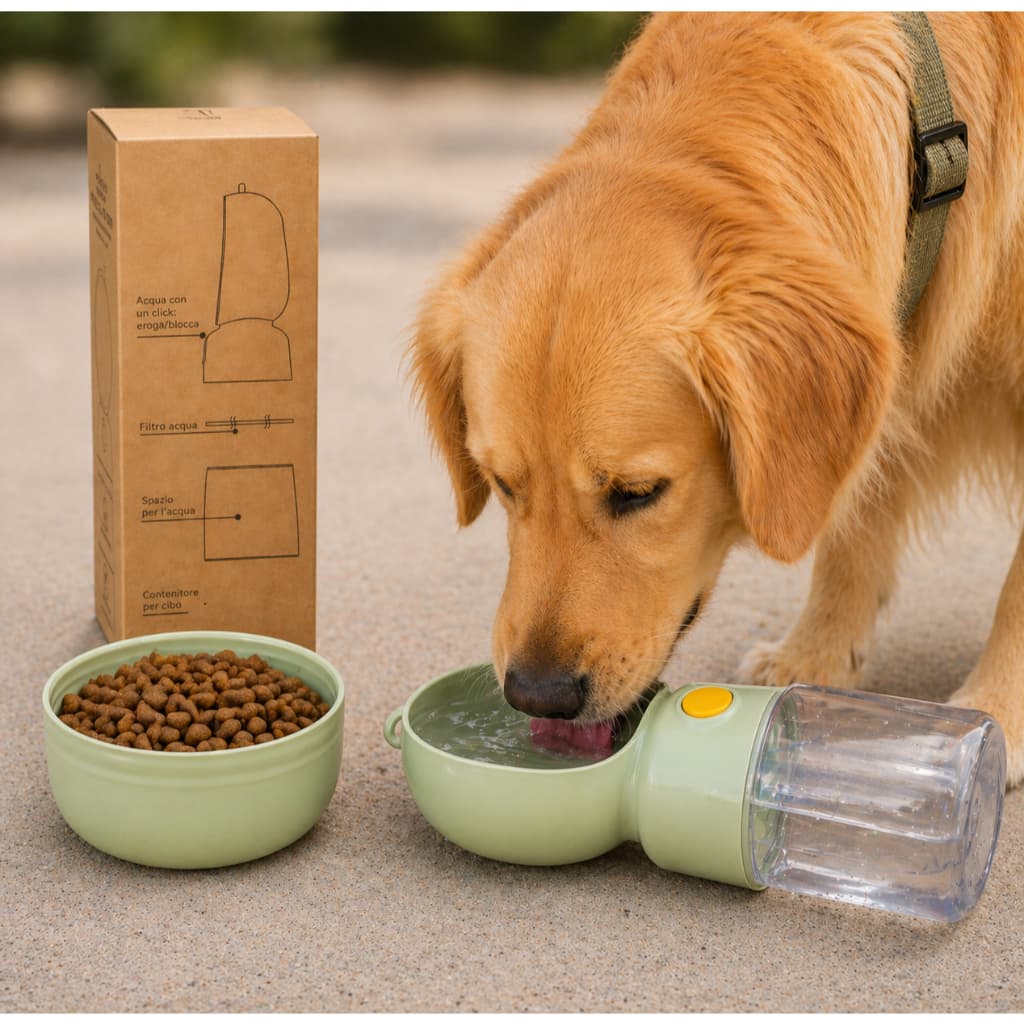 Bebedouro e Comedouro Portátil para Pets 400ml com Pote de Ração 180ml