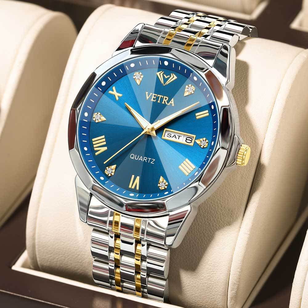 VETRA Relógio Masculino Original Relogio Luxo a Prova d Água Presente para Homem Aço Inoxidável Azul Dourado 9931
