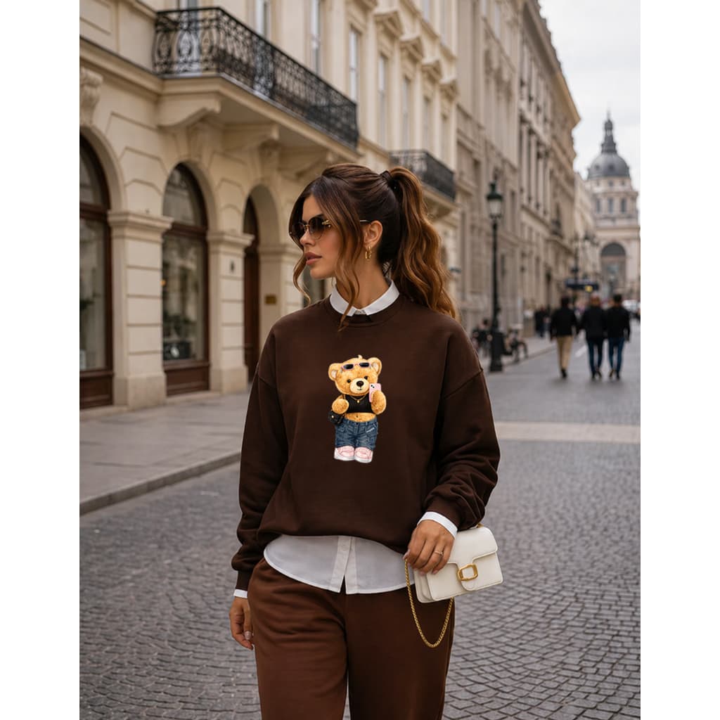 Moletom Feminino Urso Blogueira Gola Redonda Tendência Inverno