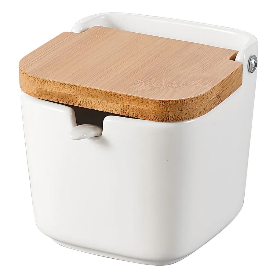 Saleiro em Porcelana Branco com Tampa de Bambu e Colher 9x9 cm