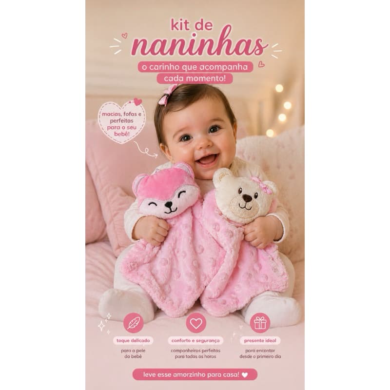 Kit 2 naninhas infantil, naninha para dormir,paninho de bebê,presente para bebê,sono tranquilo bebê, acessório infantil