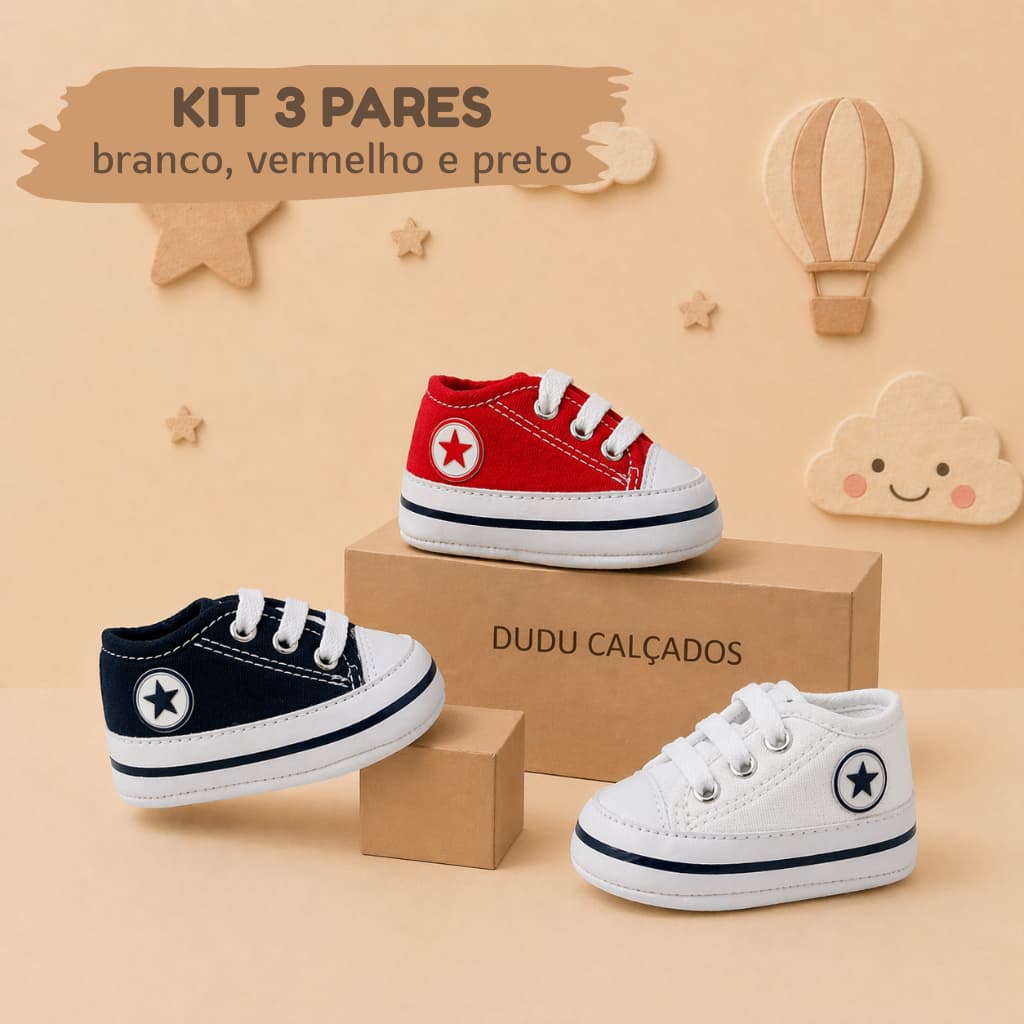Kit com 3 Pares Sapatinho Bebê RN Estilo Tênis Cano Baixo Confortável