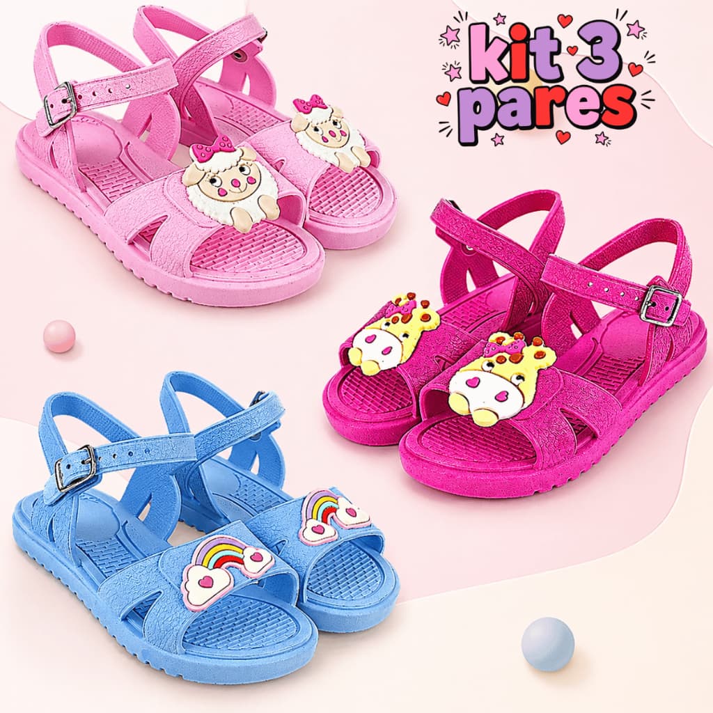 Kit 3 Pares Sandália Papete Criança Feminina Infantil