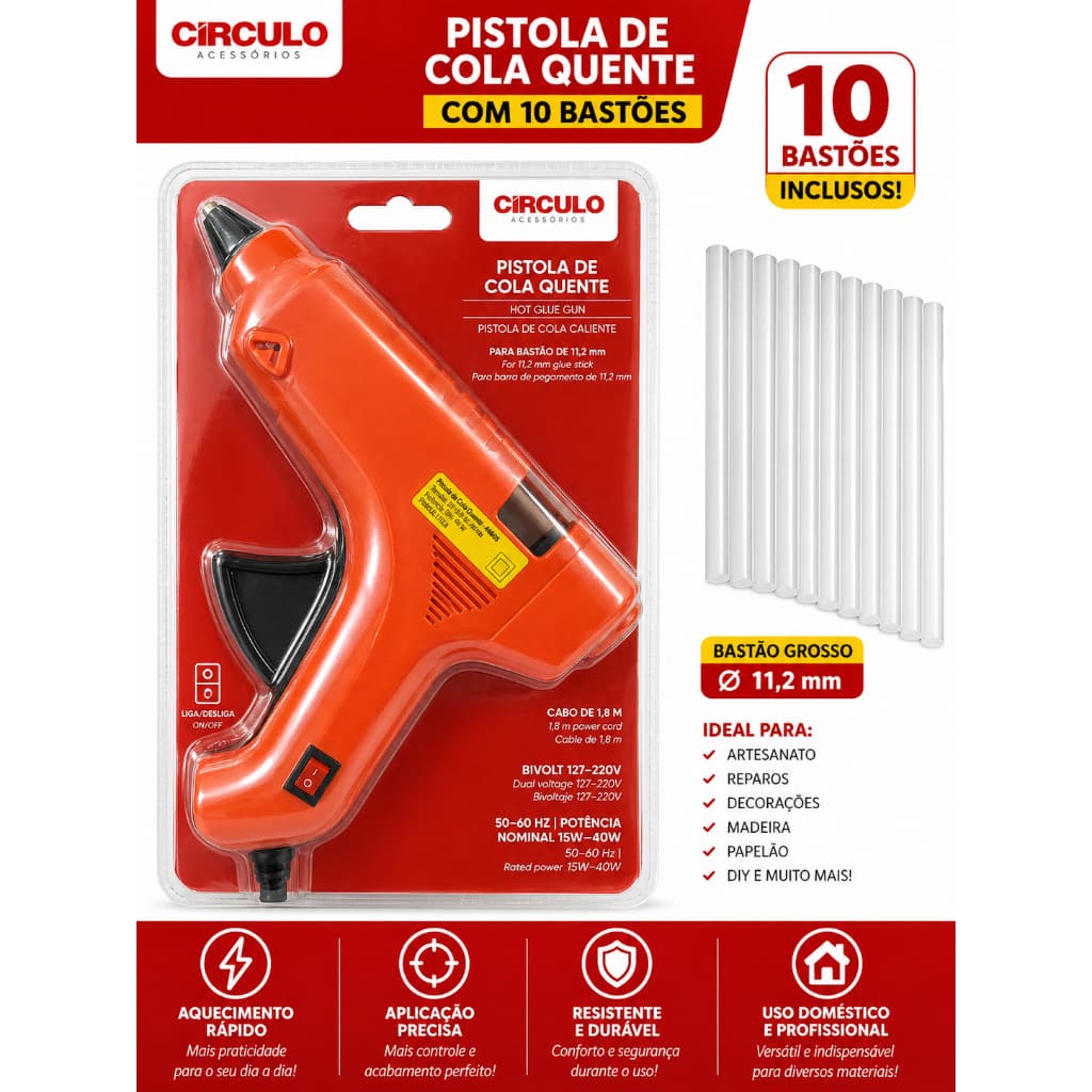Pistola de Cola Quente Grossa 11,2mm Bivolt 127/220V + 10 Bastões Cola Quente Profissional Círculo