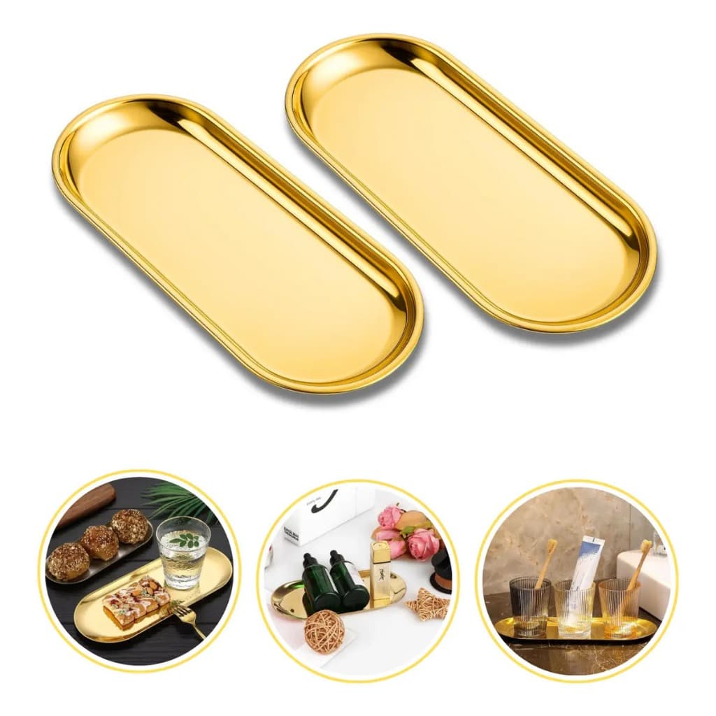 Duas ou Uma Bandeja decorativa de luxo em aço inoxidável para joias e alimentos, cor dourada.