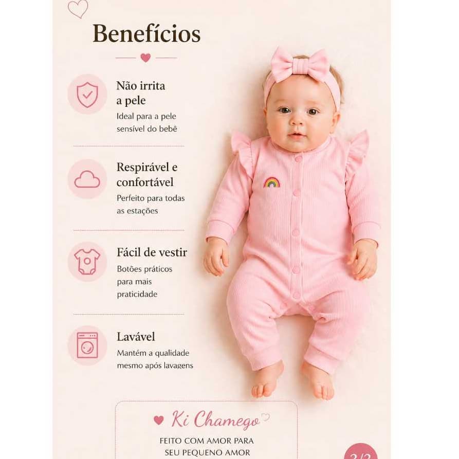 Macacão para bebê feminino com babado Malha canelada