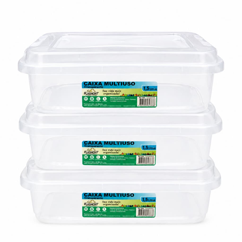 Kit 3 Caixas Plásticas Multiuso 1,5 Litros Transparente Organizadora Com Tampa Trava
