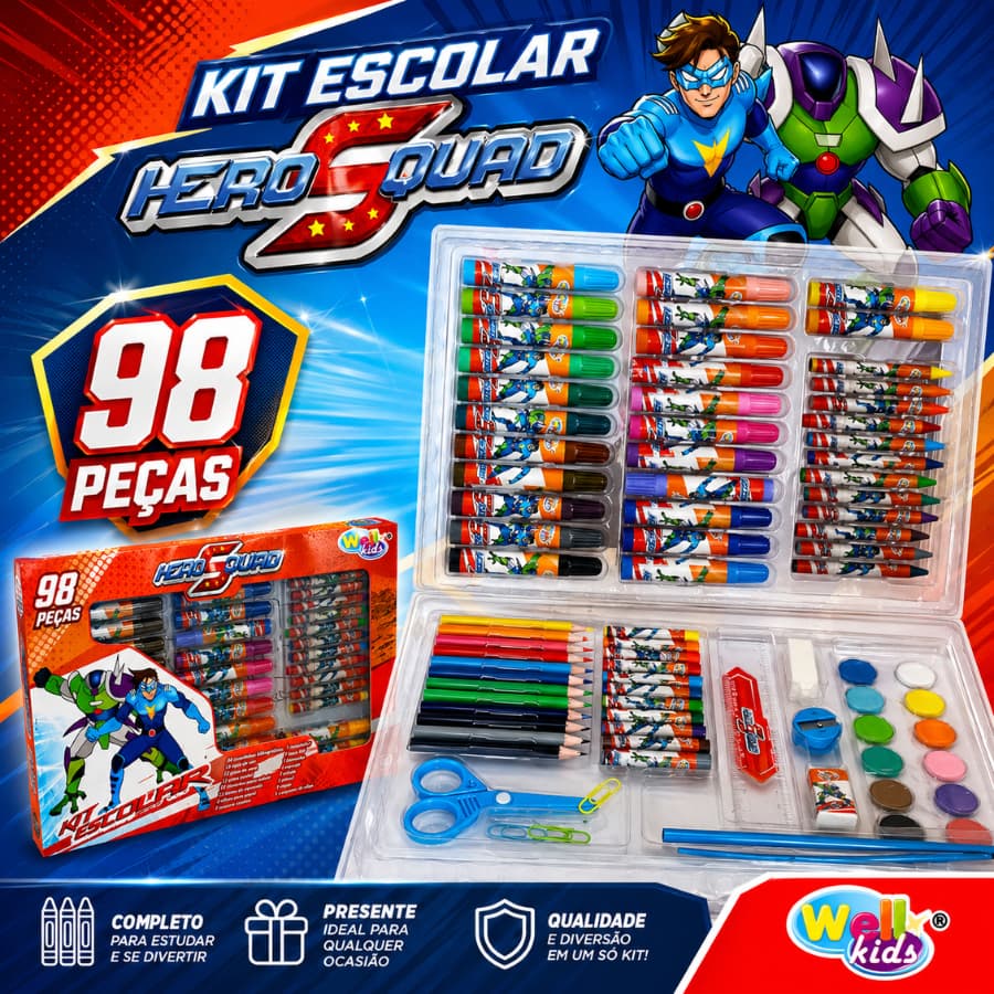 Kit Escolar Maleta De Pintura Estojo Desenho Para Colorir Heros Squads 98 peças