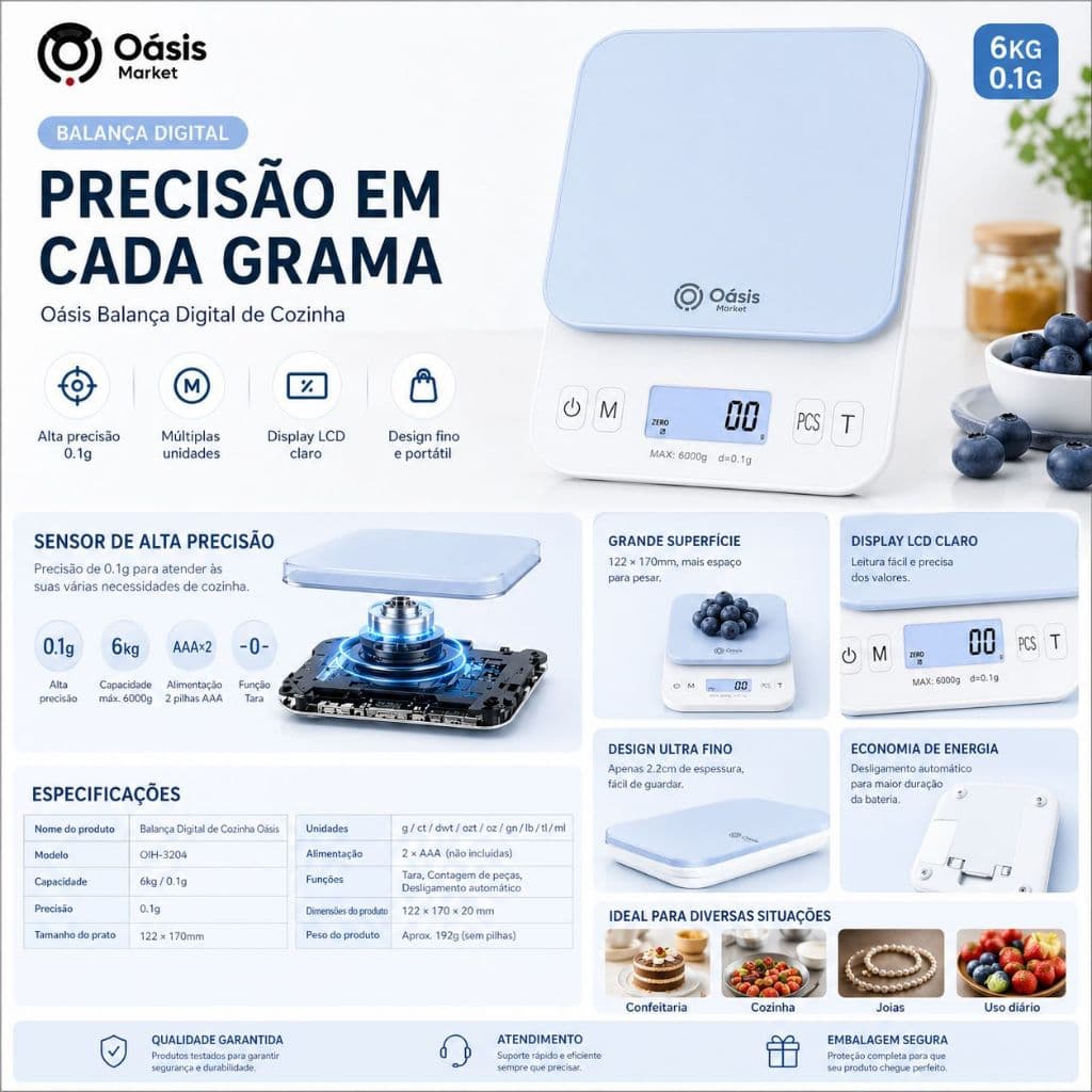 Balança Digital Cozinha Eletrônica A Pilhas Max 0.1G A 6kg Academia Dieta Ingredientes