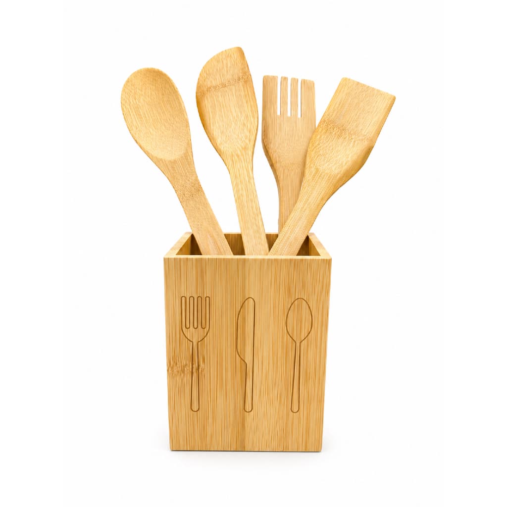 Conjunto de Porta Talher 5 Peças 100% Bambu c/ Utensílios Espátula Garfo Colher