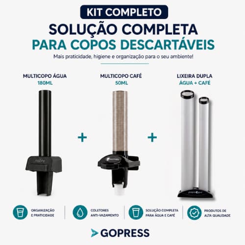 KIT DISPENSER SUPORTE DE COPO ÁGUA 150 A 200ML + DISPENSER CAFÉ 50 ML + LIXEIRA P/ COPO AGUA E CAFÉ
