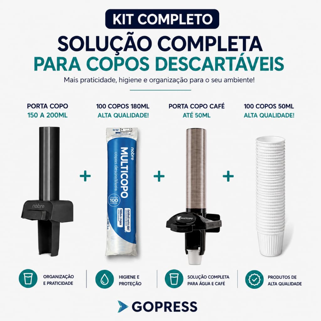KIT DISPENSER SUPORTE DE COPO ÁGUA 150 A 200ML + DISPENSER CAFÉ 50ML + 100 COP 180ML +100 COPOS 50ML
