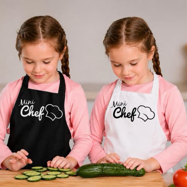 Avental Infantil Mini Chef Roupa Criança Unissex Preto Branco Impermeável Plastificado Proteção Cozinha Pintura Ajusta