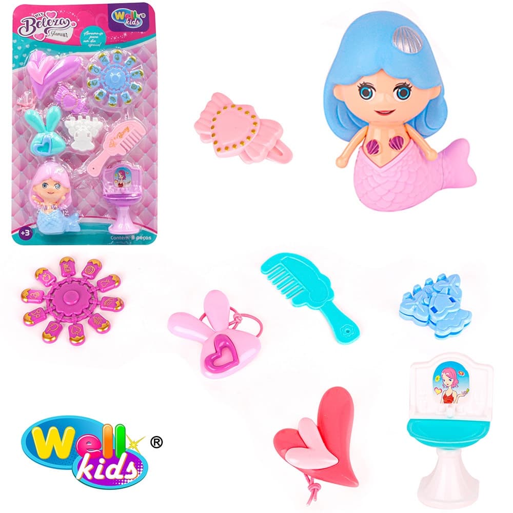 Kit Beleza Infantil Com Boneca Sereia + Pente e Acessórios Glamour 8 Pçs