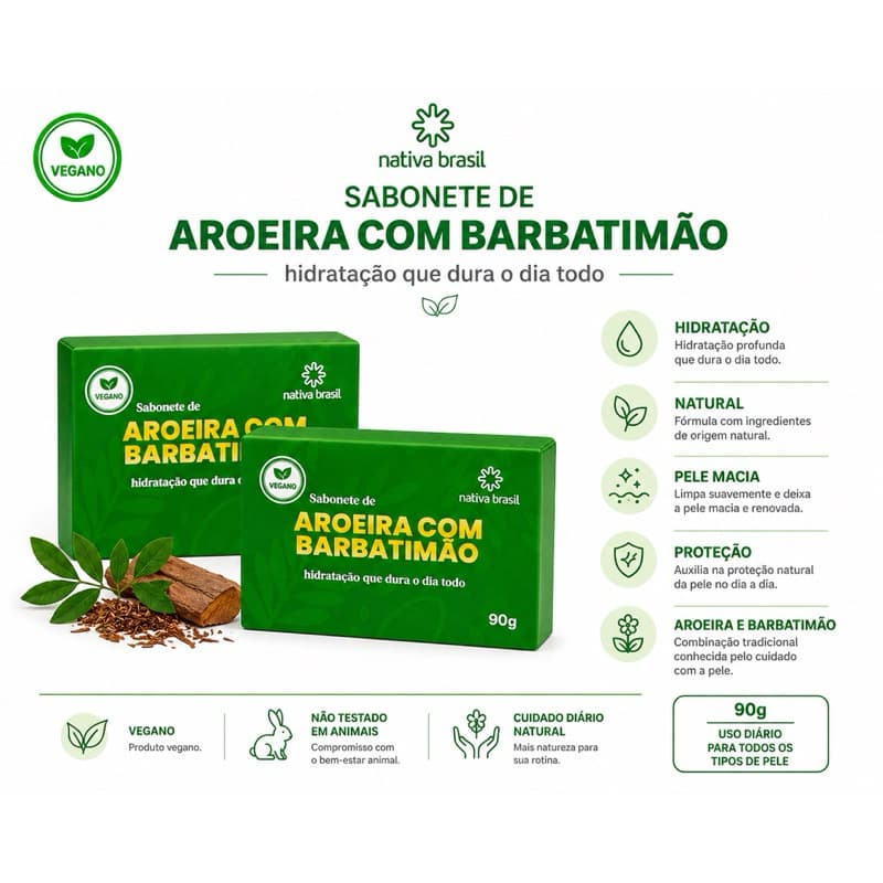Sabonete Corporal Facial Aroeira Barbatimão 90g Limpeza Profunda e Hidratação Natural Vegano