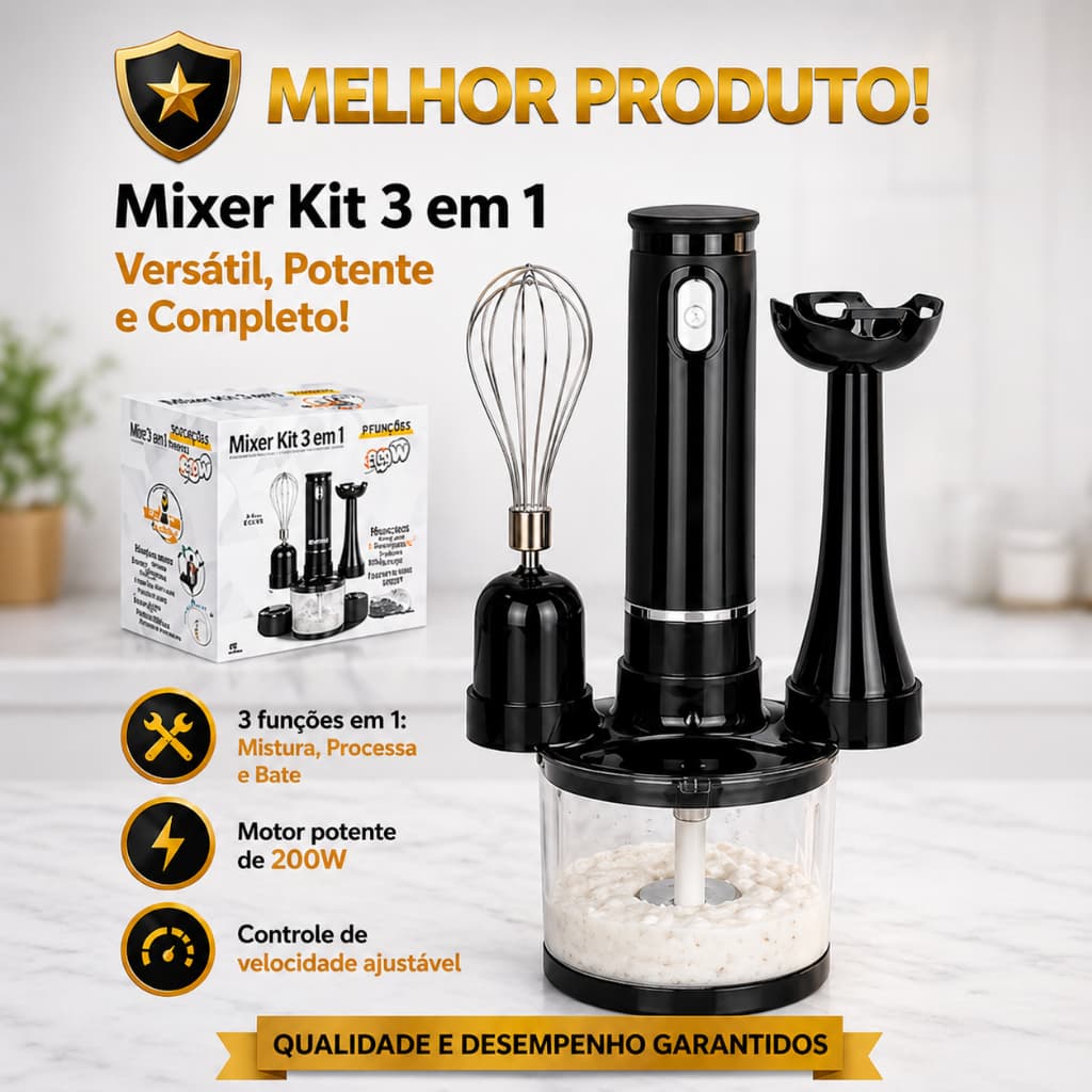 Mixer 3 em 1 200W Turbo – Prático e Rápido para o Dia a Dia | Faz Sucos, Cremes e Molhos em Segundos