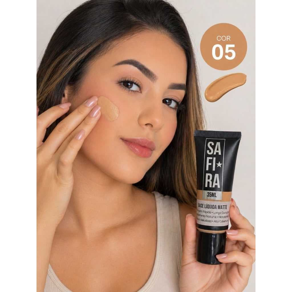 Safira/base líquida matte/acabamento matte{toque seco}cobertura média alta/tipo de pele/oleosa/mista/longa duraçao
