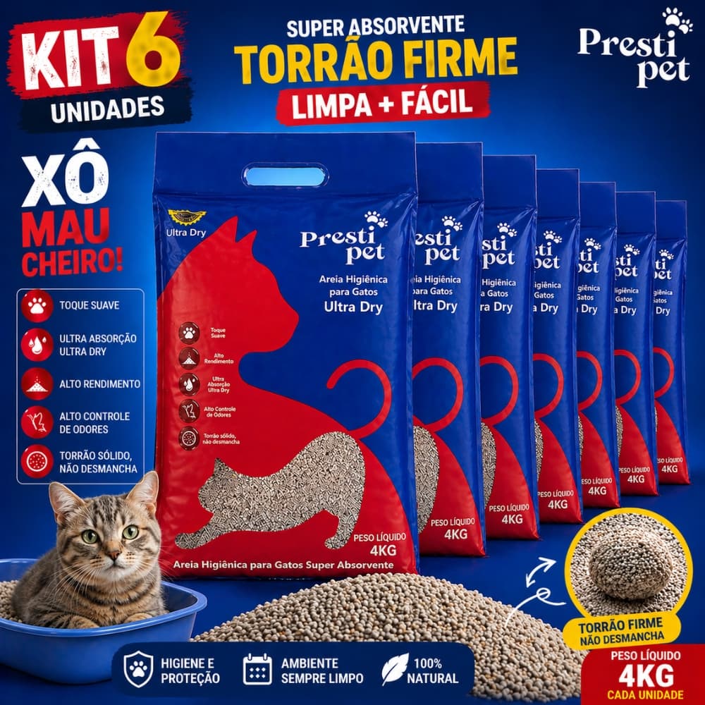 Areia Higiênica Ultra Dry 4kg PrestiPet Kit 6 Un Torrão Firme Sem Odor 24kg