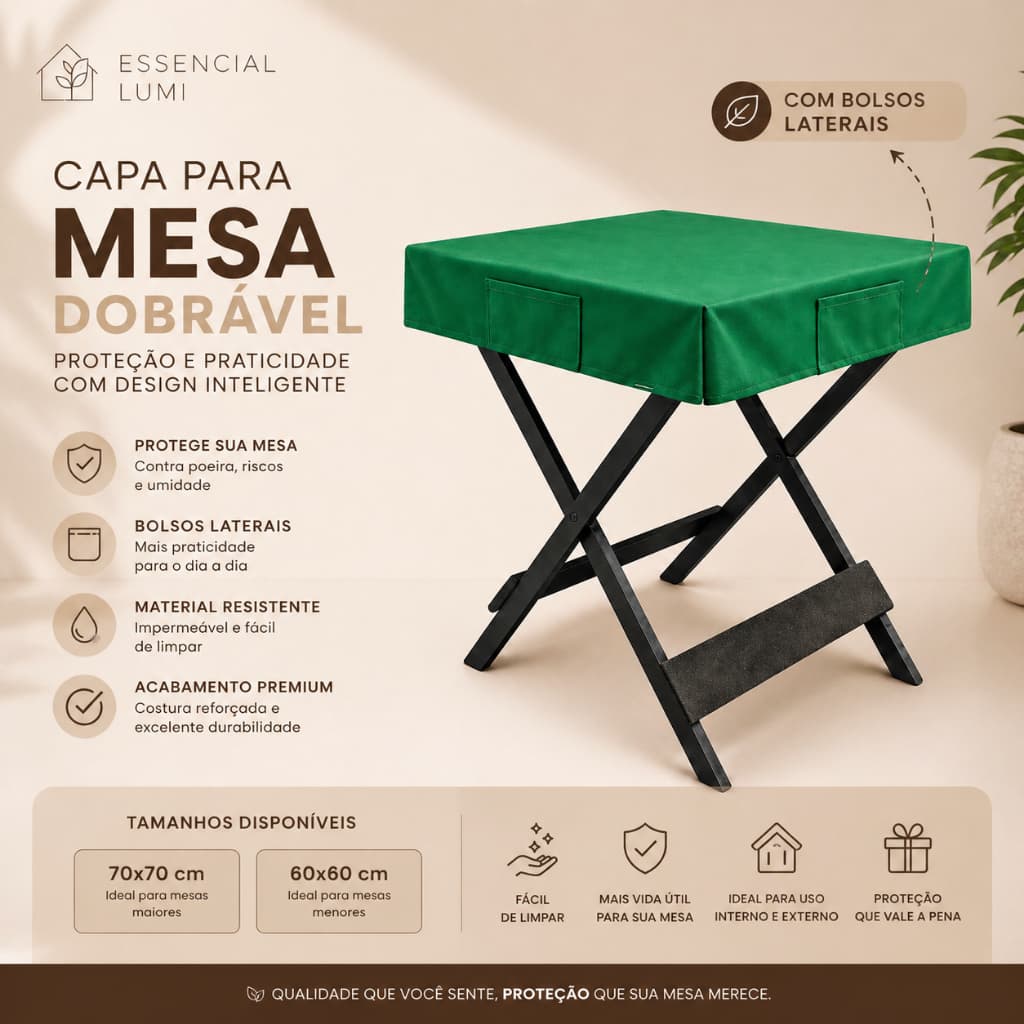Capa para Mesa Dobrável com Bolsos Laterais 60x60 ou 70x70 | Impermeável Reforçada Multiuso