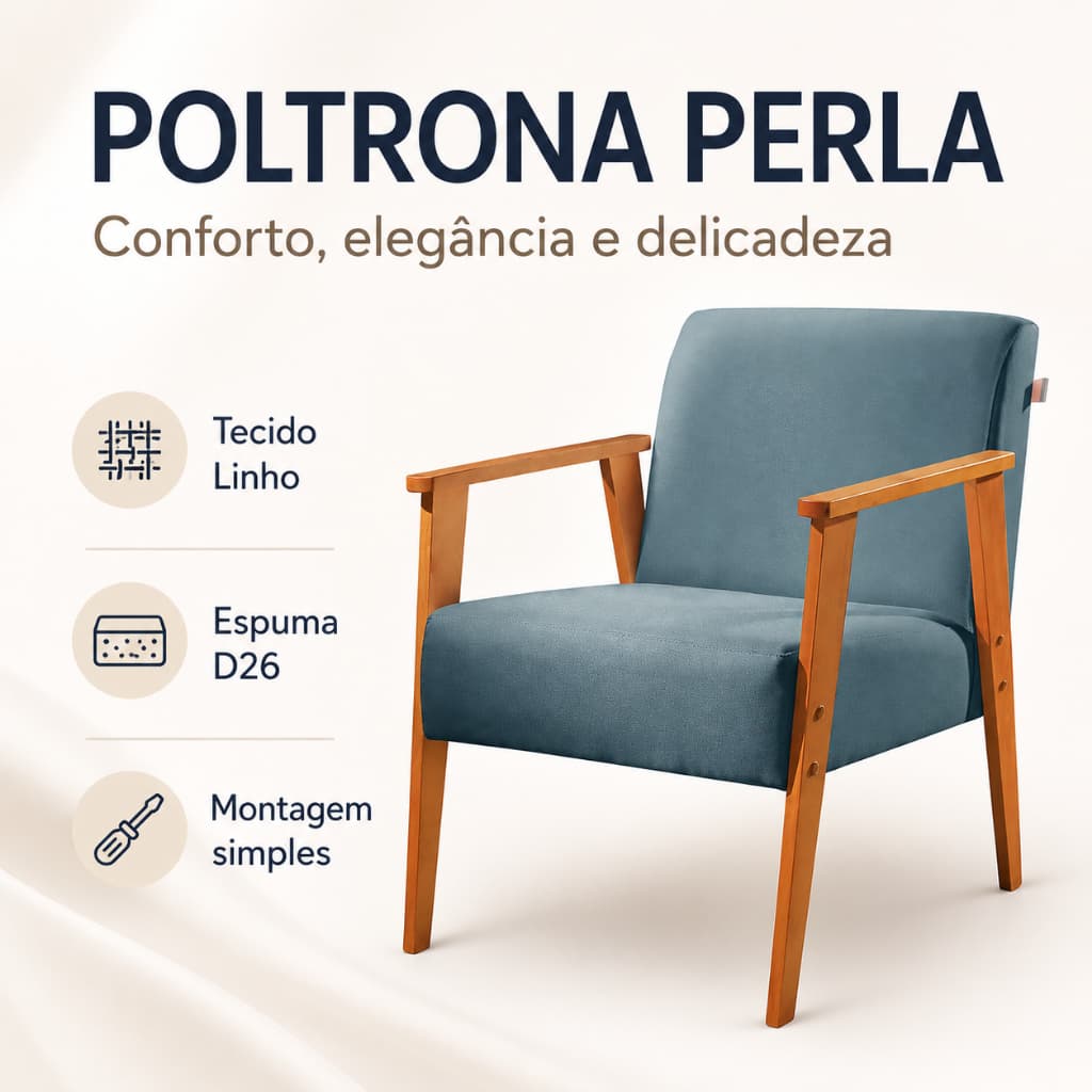 Poltrona Perla Estofada em Linho – Compacta, Elegante e Confortável para Ambientes Modernos