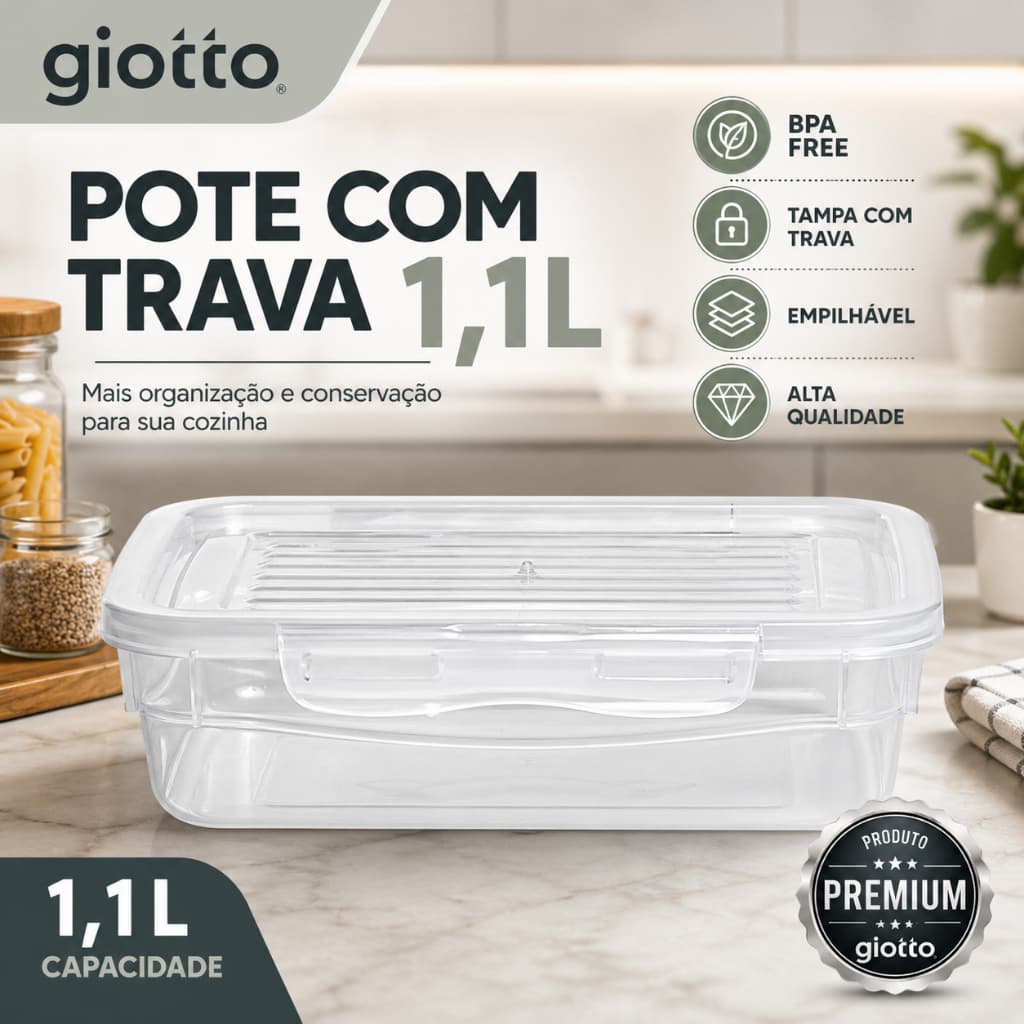 Pote Marmitas Fitness Com Tampa e Trava 1,1 L Baixo Transparente Freezer Microondas Potes Plásticos