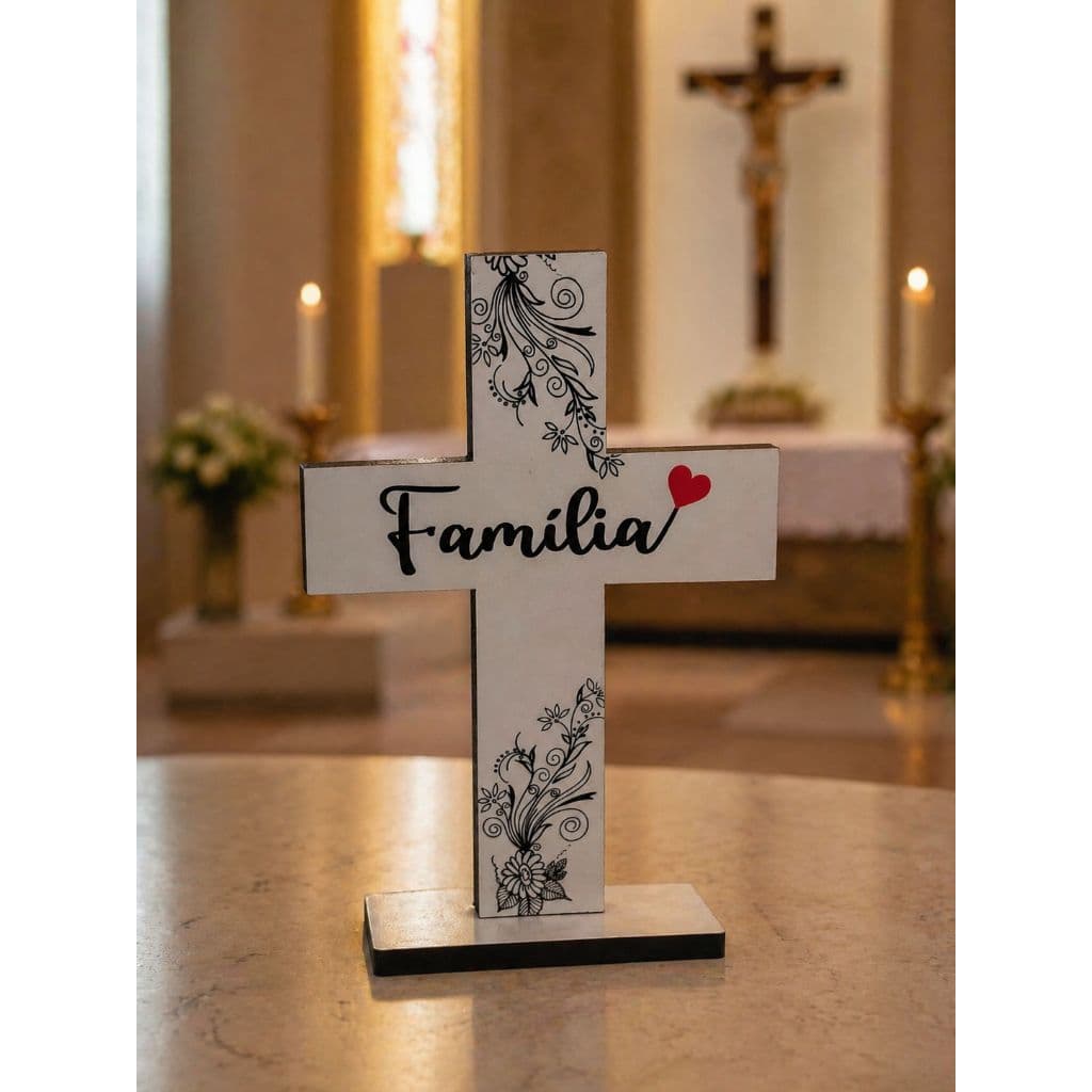 Cruz Decorativa Família com Detalhes Florais – Lembrança Religiosa em MDF Dia da Família