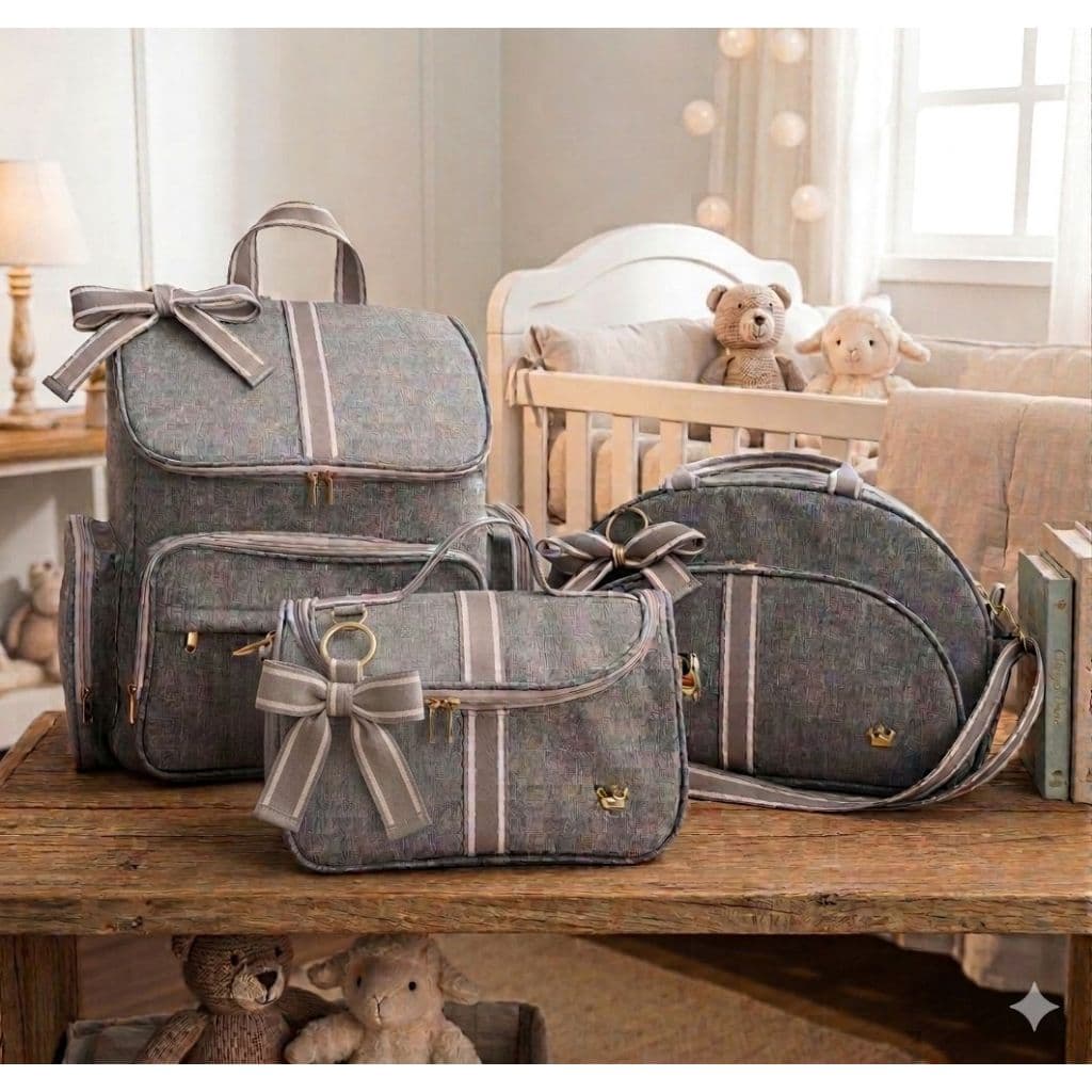 Kit Bolsa Maternidade e Mochila Cores Luxo 3 Bolsas Laço
