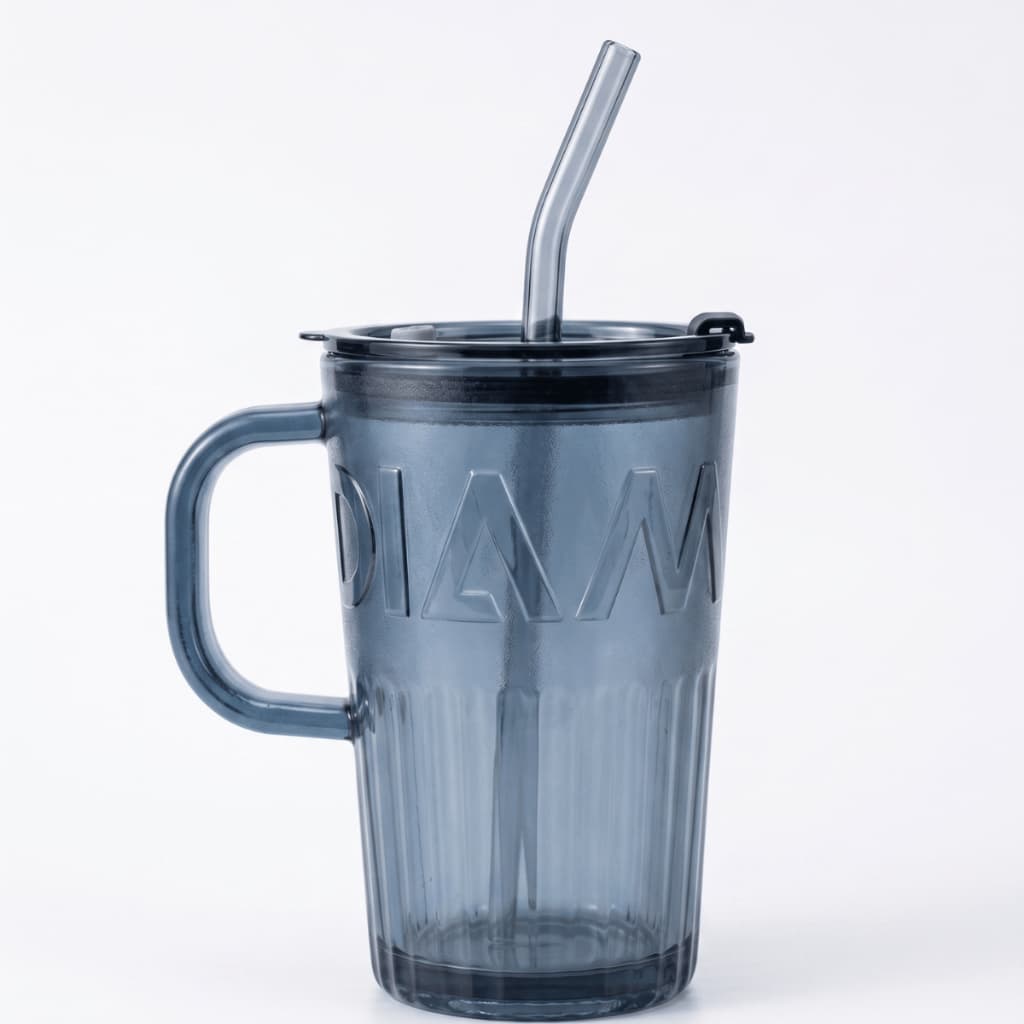 Copo Térmico De Vidro Com Alça E Canudo 480ml - Design Diamant Luxo Relevo Antivazamento Tampa Hermética