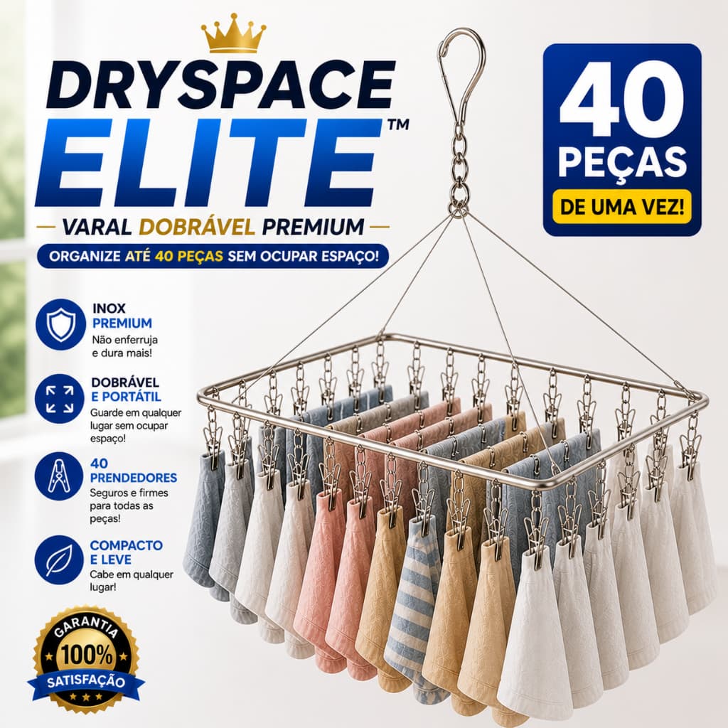 DrySpace Elite™ Varal Dobrável Portátil Inox 40 Prendedores Compacto