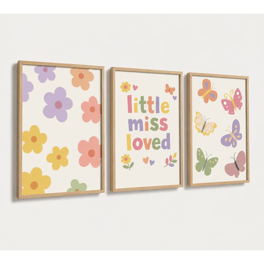 Kit 3 Quadros Decorativos Infantil | Quarto Bebê Menina | Flores, Jardim, Borboleta Delicado - No251