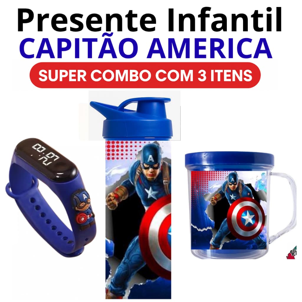 Capitão América  - Garrafa Copo e Relógio Digital Infantil - Presente Aniversário C Nome da Criança