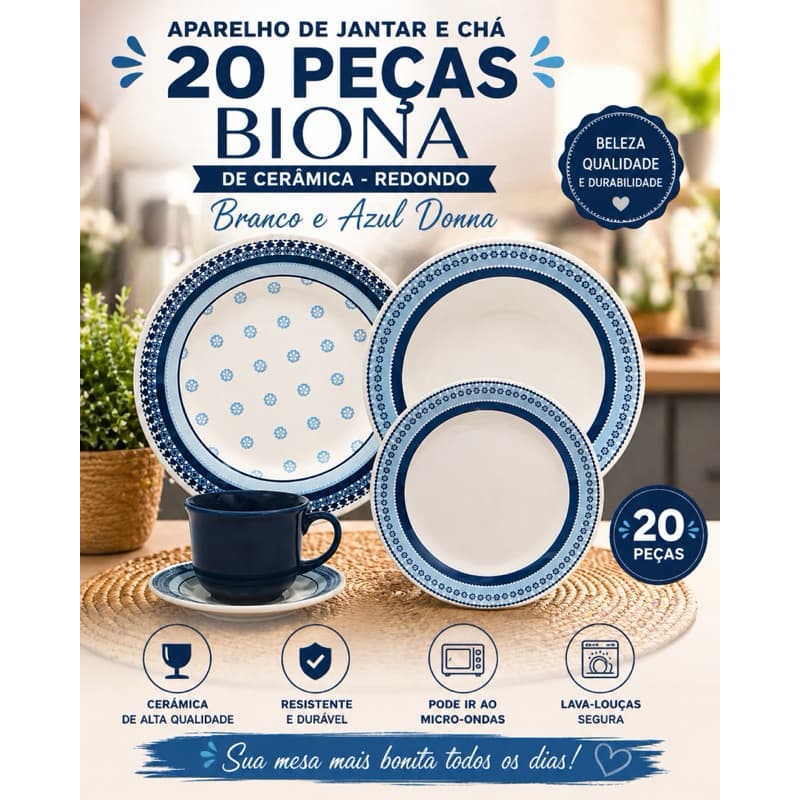 (não acompanha um pires) Aparelho de Jantar e Chá Biona Donna 20 Peças em Cerâmica – Branco e Azul Elegante