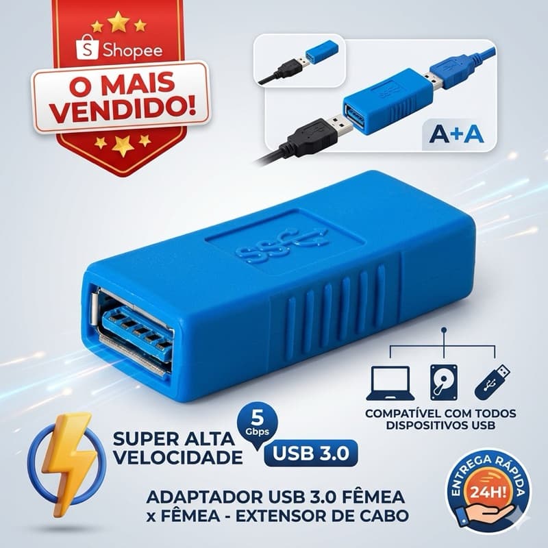 Adaptador Emenda USB 3.0 Fêmea x Fêmea | Alta Velocidade e Conexão Segura | 1 Peça