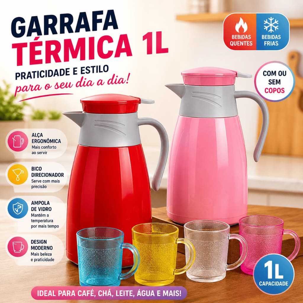 Garrafa Térmica 1L com Copos 190ml ou Avulsa Café Chá Água