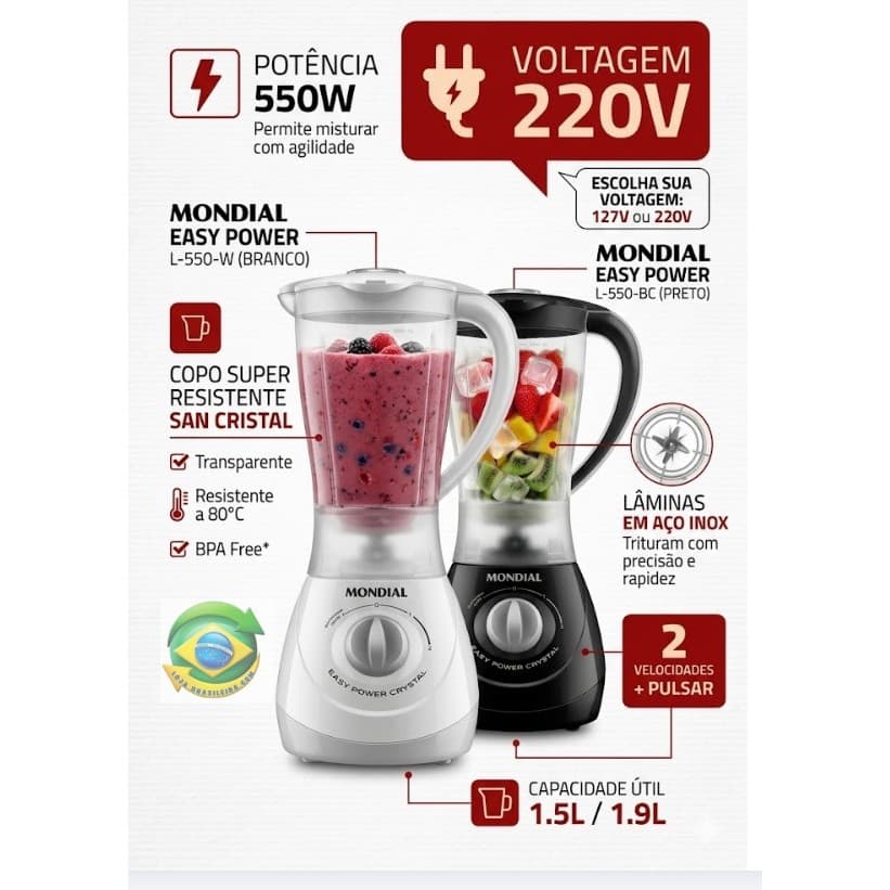 Liquidificador Mondial Easy Power 550W 2 Velocidades L-550 BRANCO OU PRETO