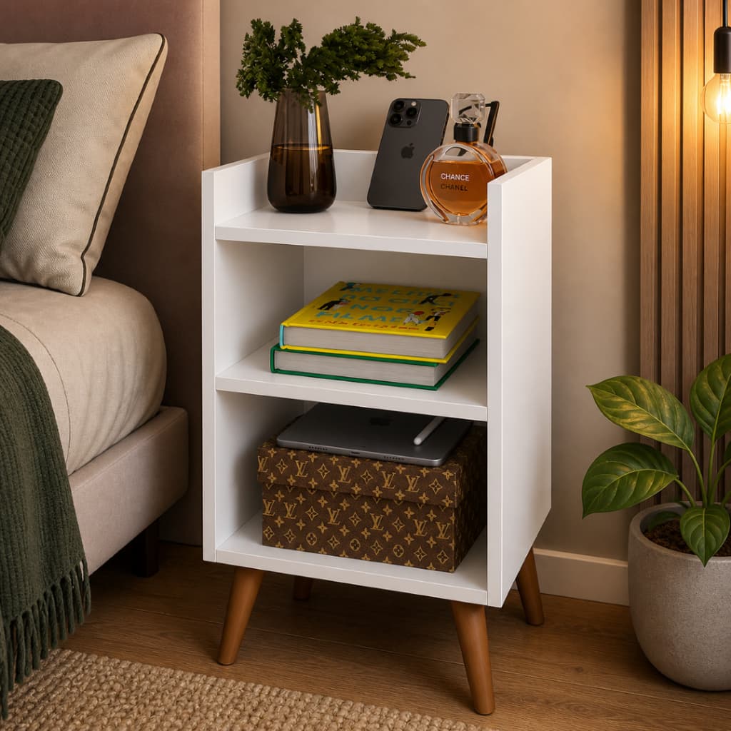 Mesa de Cabeceira Max com Nicho Organizador Retrô Pé Palito Branco Preto Cinza Fendi
