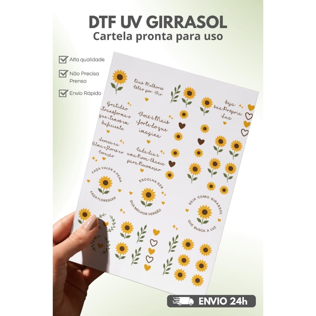 +50 Adesivos Cartela A4 DTF UV Girassol Floral | Lavável e Resistente | Para Copos, Canecas e Personalizados