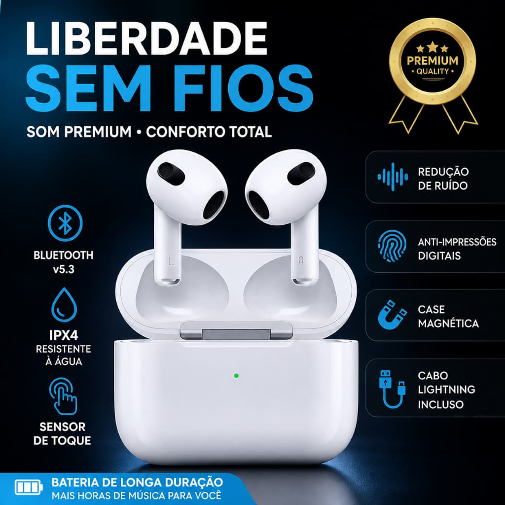 Fone de Ouvido sem Fio Bluetooth AirPods 3 Linha Premium Compatível iPhone/Android - Branco