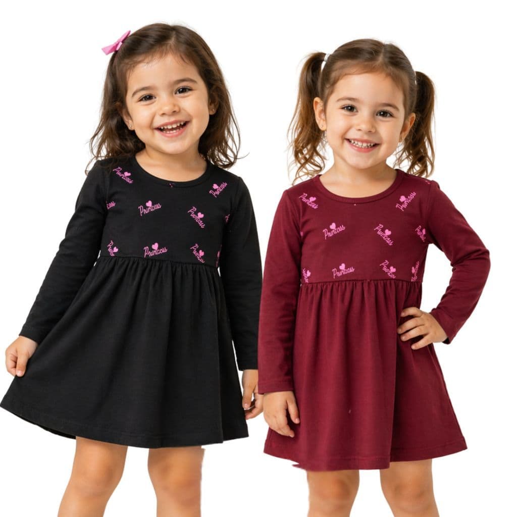 Kit 2 Vestidos Infantis Manga Longa Menina Inverno Confortável Estampado 2 ao 12