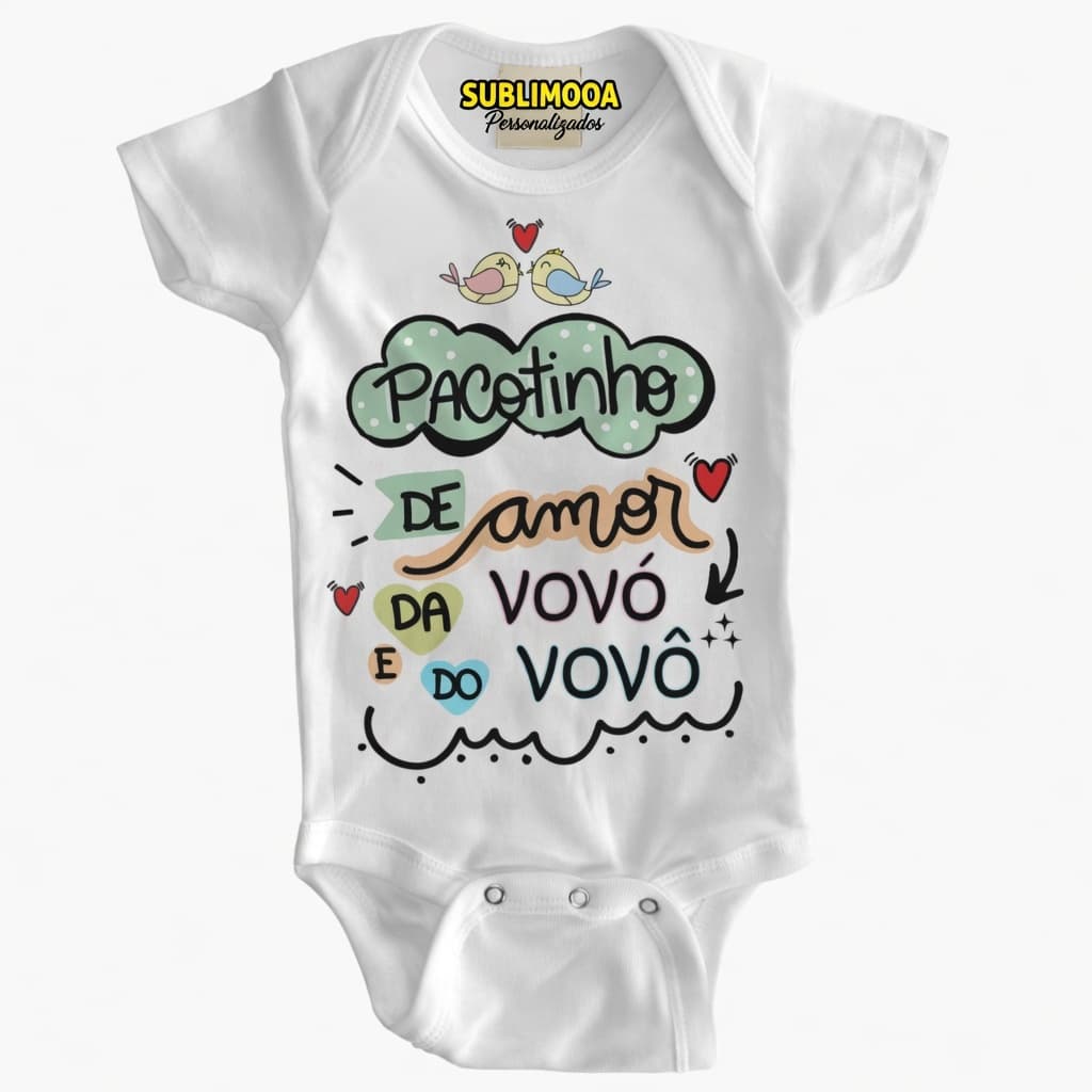 Body Bebê Personalizado – Pacotinho de Amor da Vovó e do Vovô – Poliéster + Elastano – Estica! 💚👶