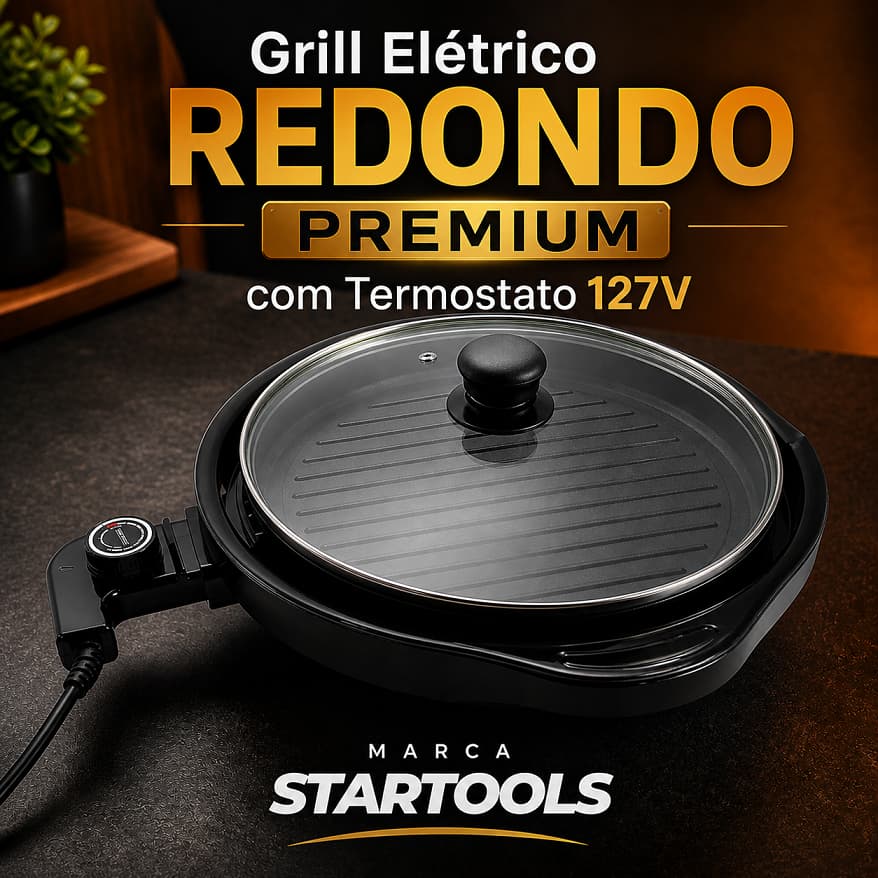 Grill Elétrico 127V Redondo 40cm com Termostato Ajustável Antiaderente Sem Fumaça Churrasqueira Elétrica