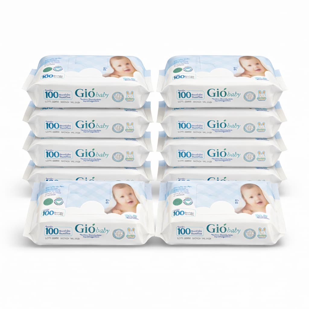 Caixa 10 Pacotes Lenços Umedecido 100 Folhas 19x13 cm Gió Baby - 98% Água - SEM TAMPA FLIP TOP