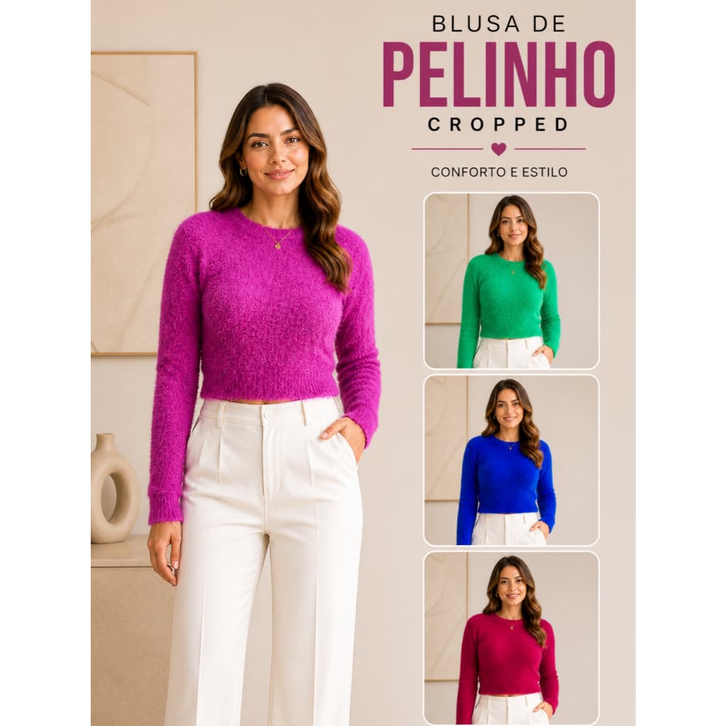 Blusa Cropped Feminina Pelinho Gola Redonda Inverno Felpudo