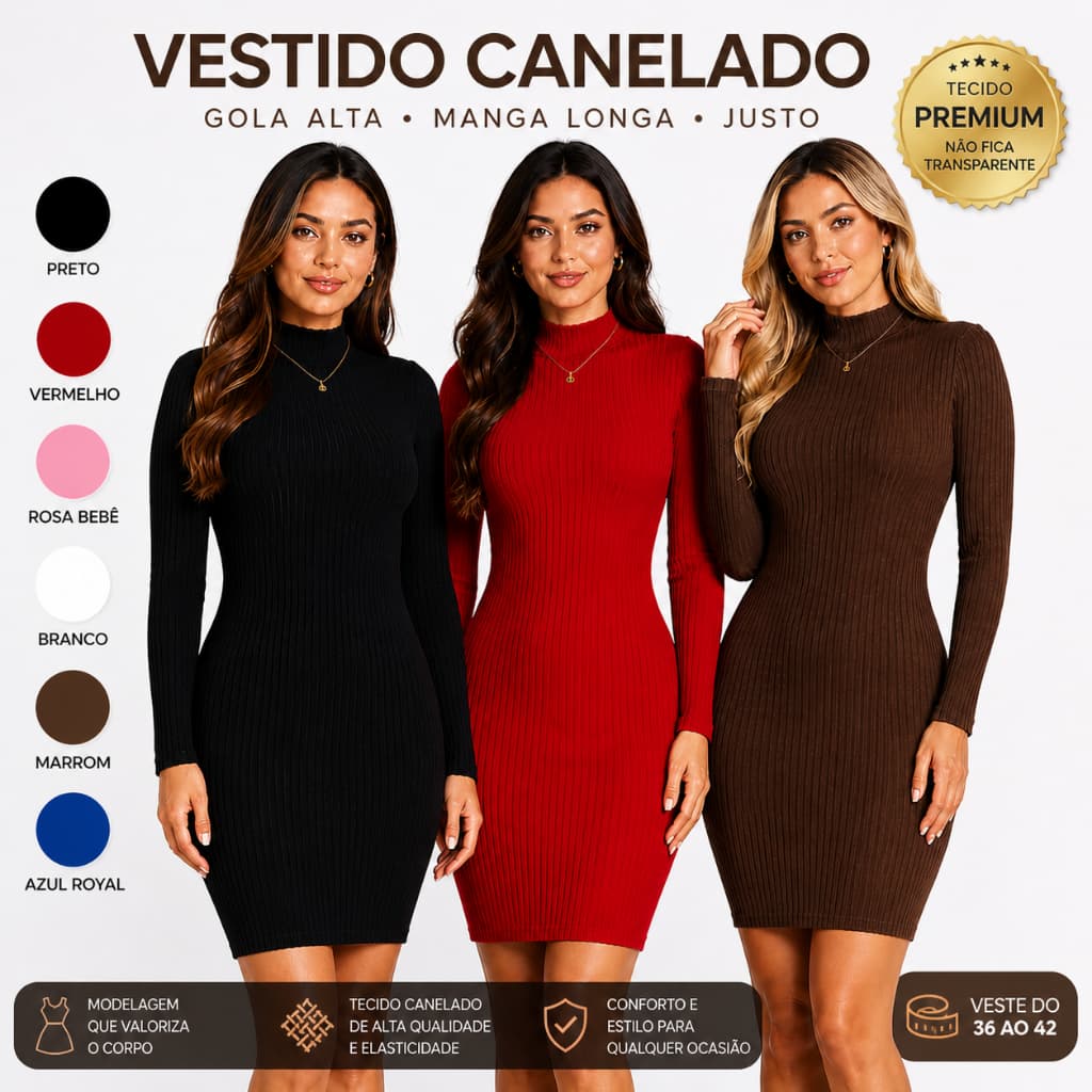 Kit 2 Vestidos Feminino Canelado Gola Alta Manga Longa Curto