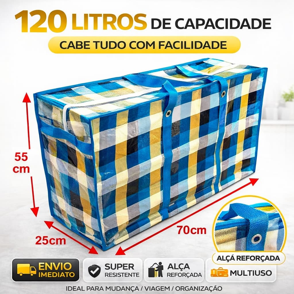 Bolsa Sacolão Grande com Zíper – 70x55 -- Sacola de Viagem, Feira e Mudança Resistente