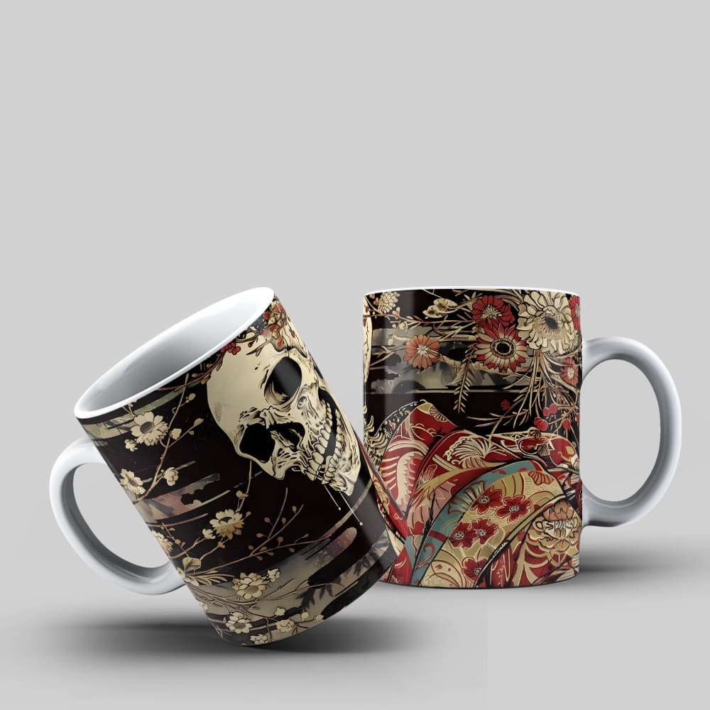 Caneca Caveira Samurai Kimono Floral Arte Japonesa Oriental