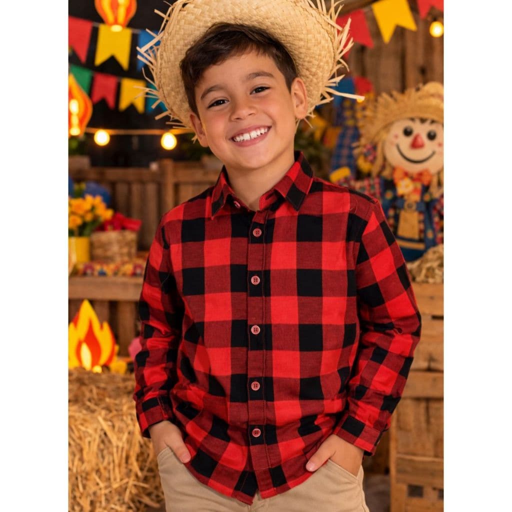 Camisa Xadrez Manga Longa Festa Junina Menino Infantil